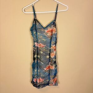 Superdown Revolve Blue with Pink Floral Mesh Ruched Mini Dress Small